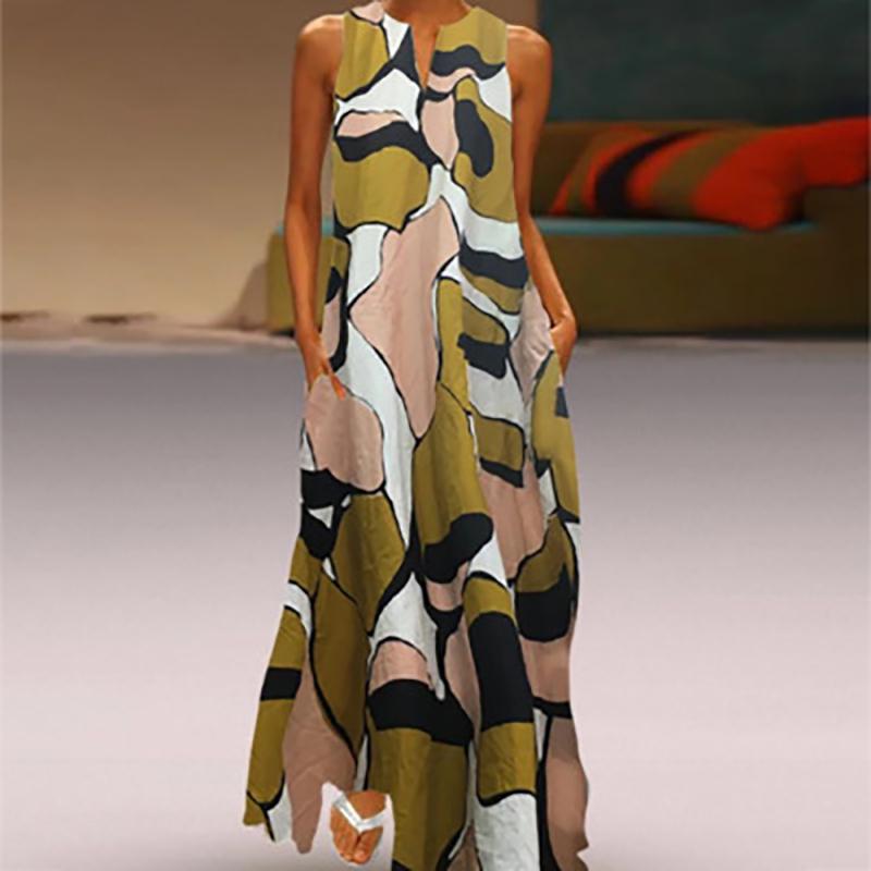 

Макси Длинное Женское Платье Цветочный Принт Разрез Без Рукавов Платье-Рубашка Большого Размера 2XL зелёный