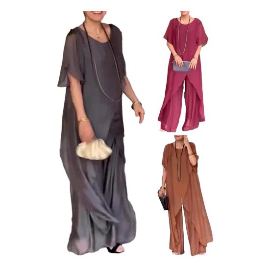 2Pcs/Set Women Casual Outfit Round Neck Long Sleeve Irregular Hem Tops Elastic Waist Long Pants Set Solid Color Outfit