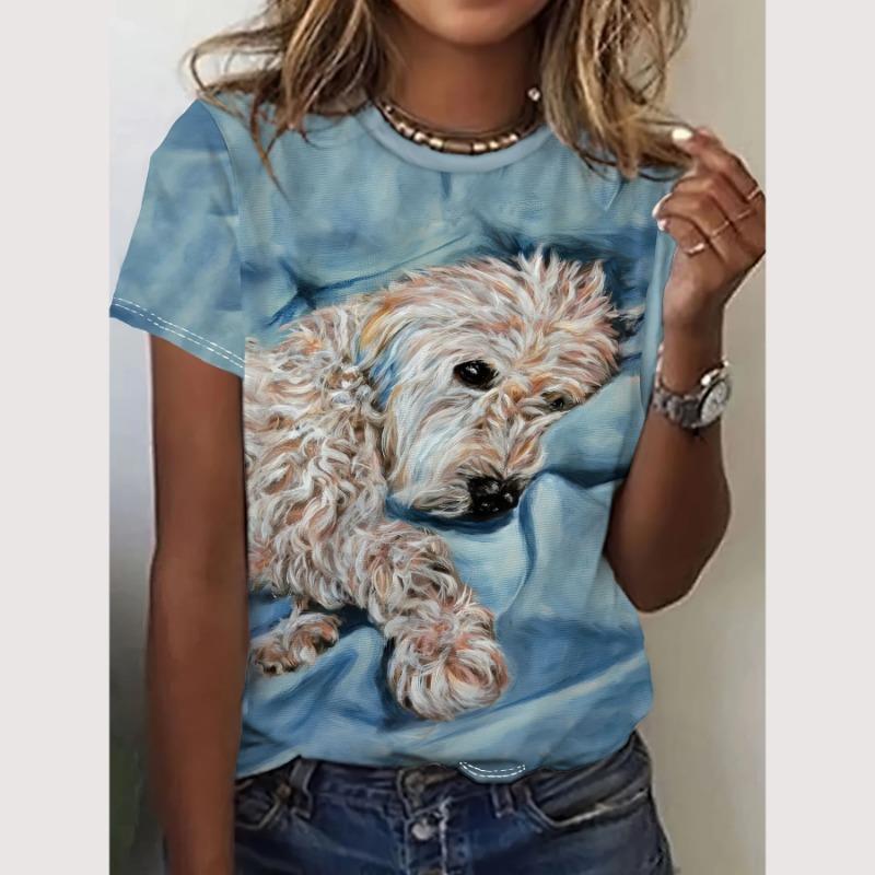 Cartoon-T-Shirt für Damen, Tiermuster-Druck, O-Ausschnitt, Oberteil, Outdoor-Mode, Damen-T-Shirts, Pullover, weibliches übergroßes Kleidungshemd
