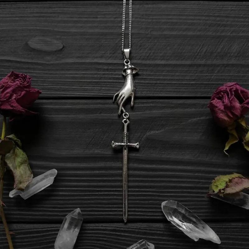 New Personality Gothic Sliver Color Hand Sword Cross Pendant Medieval Celtic Necklace for Women Men Collar Chain Jewelry Gifts