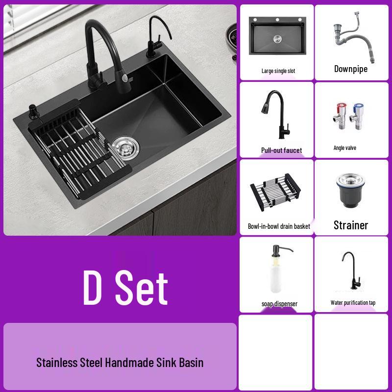 Stainless Steel Black Nano Large Single Bowl Kitchen Sink for Vegetables, Dishwashing, and Handwashing, Thickened Handmade Design