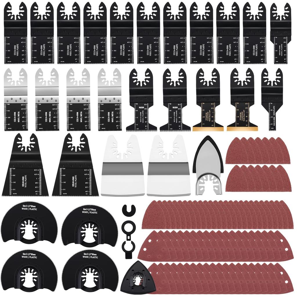 115 PCS Oscillating Saw Blades with case,Wood/Metal/Plastic Cutting and Accessories with Sandpaper,Bi-Metal Tool Blade, Arc Edge Multitool Blades