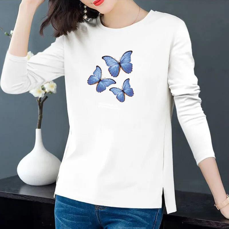 Three Butterfly Print T-shirt Women Cotton Pullover Long Sleeve Bottoming Shirt Casual Split Shirt Spring