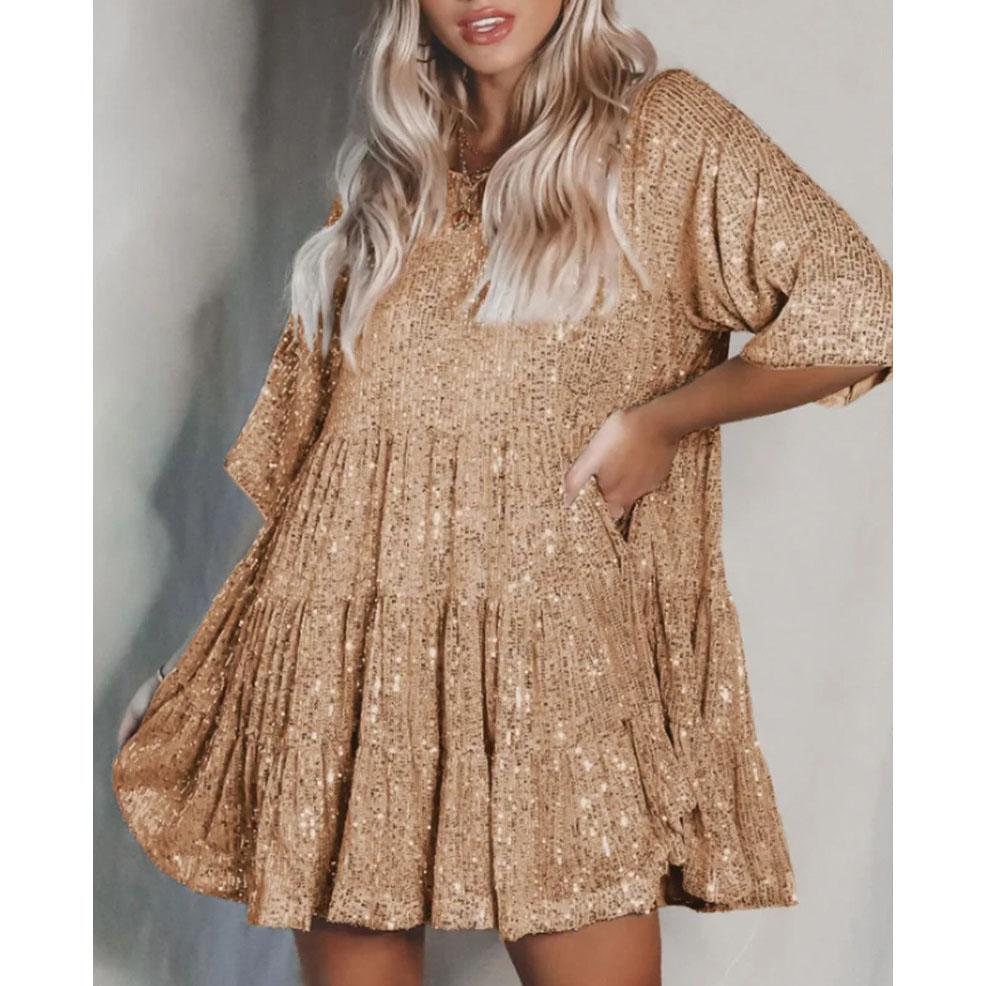 

Solid Color Fashion Sequin Round Neck Womens Dresses Loose Waist Short Sleeve Dress Banquet Woman Clothing Summer M золотий