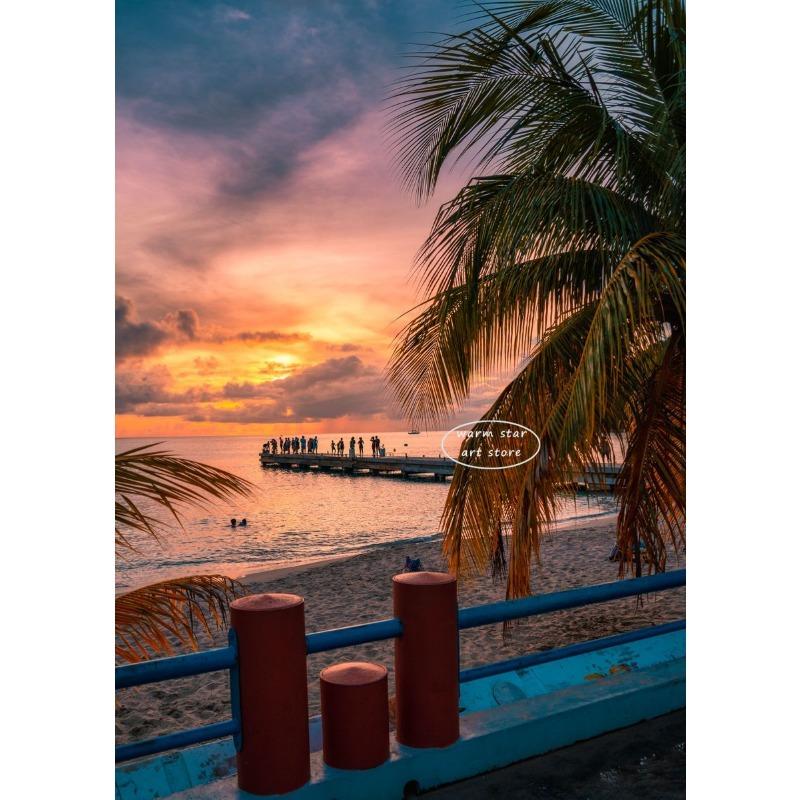 Caribbean Sunset Pink Sky Beach Sea Ocean Wave Canvas Wall Art Poster Bridge Palm  Print Painting Summer Home Decoration Gift