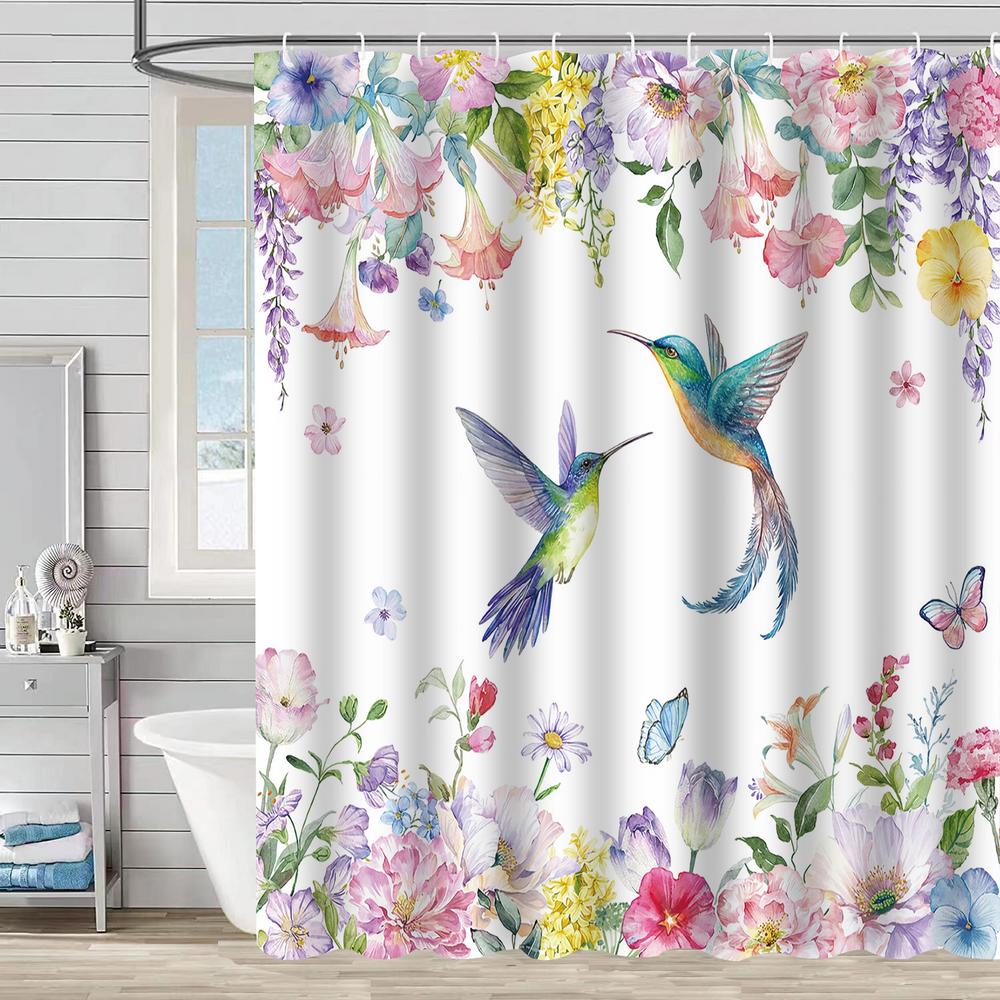 Bathroom Floral Shower Curtain, Retro Flower Farmhouse Flower Plant Butterfly Animal Bohemia, Bathtub Shower Curtain With Hooks