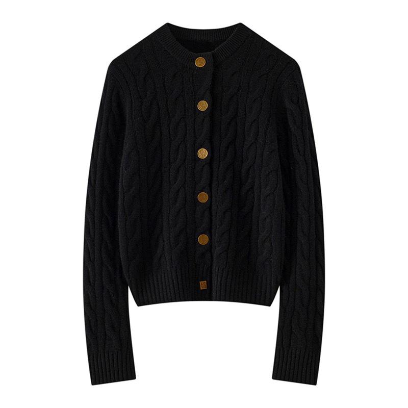 Women's Heavy Cable Knit Cashmere Cardigan - Round Neck, Long Sleeve, Autumn/Winter Style Sweater Coat