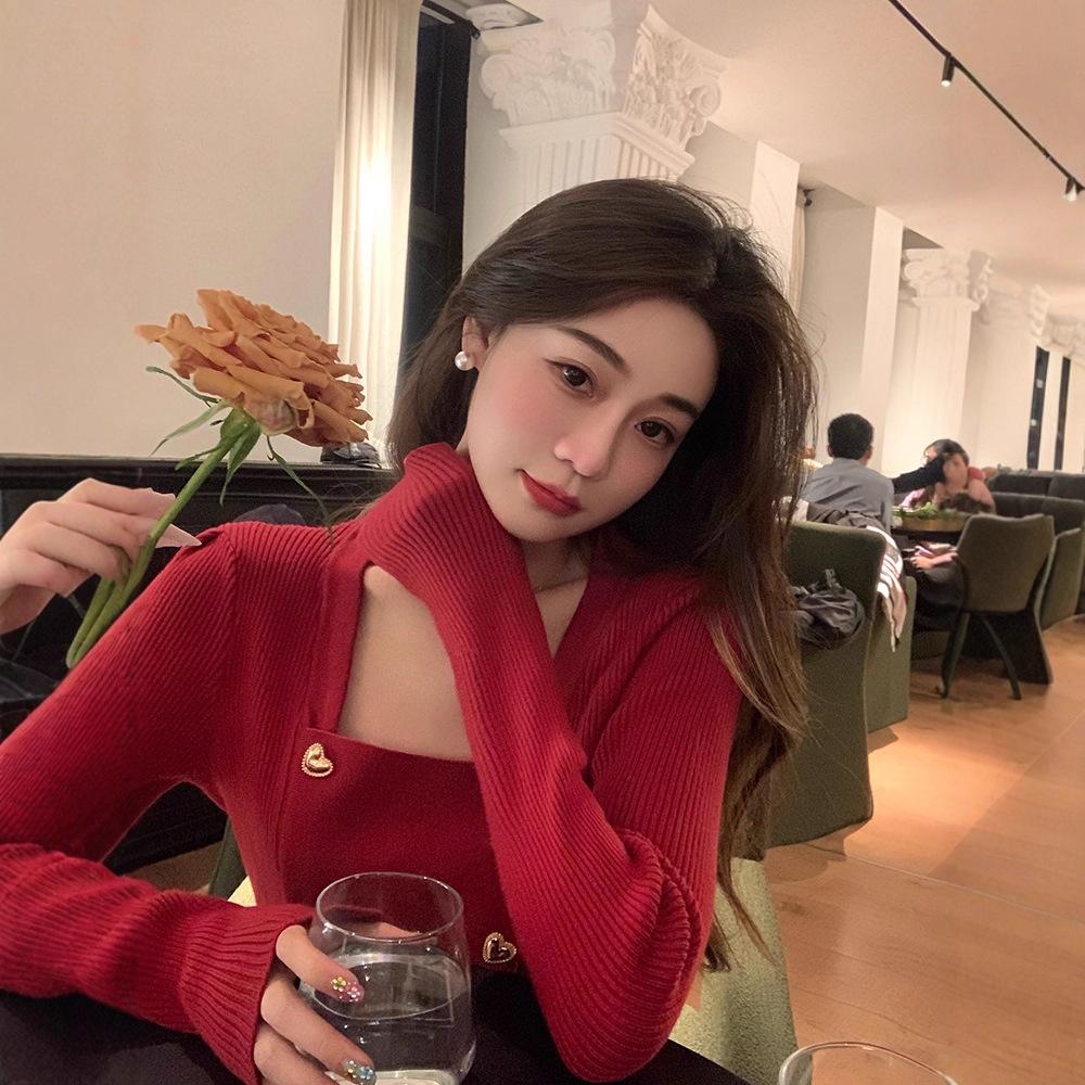 Red Sweater Inner Sweater Women's Autumn New Versatile Square Neck Knitted Sweater