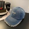 Lace lace denim baseball cap women's big head circumference showing face small cap three-dimensional pearl bow hat