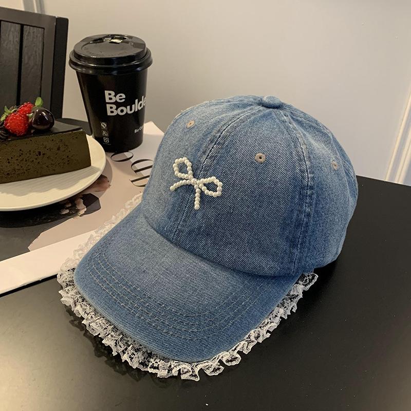 Lace lace denim baseball cap women's big head circumference showing face small cap three-dimensional pearl bow hat
