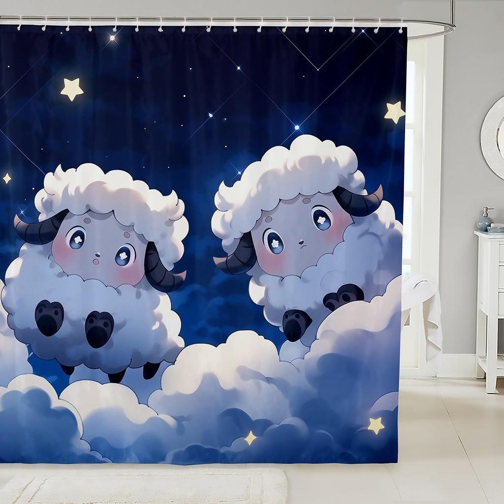 Cartoon Sheep Bath Curtain Cute Farm Animal Shower for Kids Boys Girls,Pink White Flower Floral Bathroom Curtain Botanical