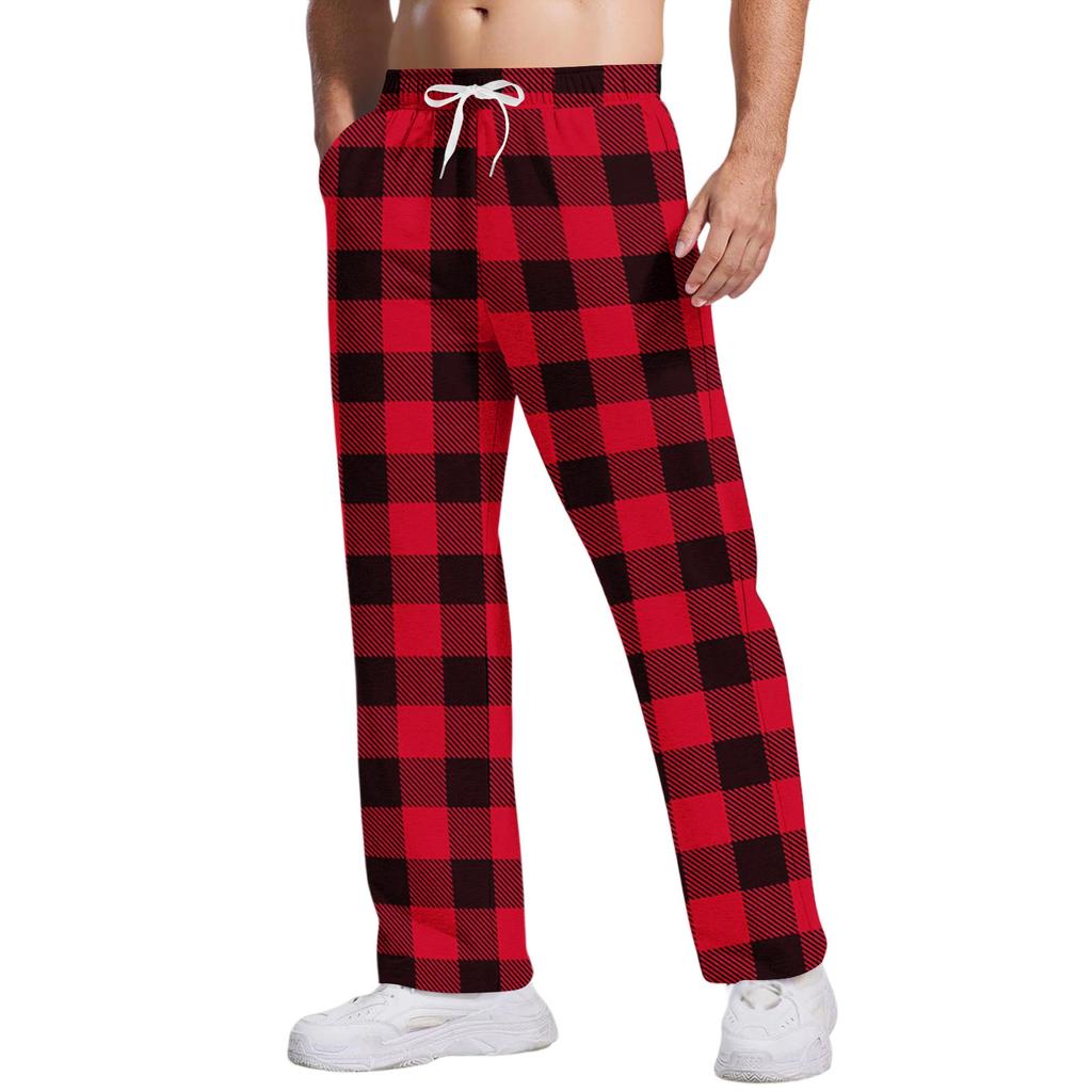 Men's Casual Pants With Pockets | Stripe Checkered Printed, Loose Straight Leg, Elastic Waist With Drawstring For Daily & Casual Wear