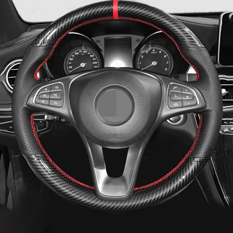 Czarna Skórzana Pokrywa Kierownicy Samochodowej z Włókna Węglowego Do Mercedes-Benz C180 C200 W205 C300 B200