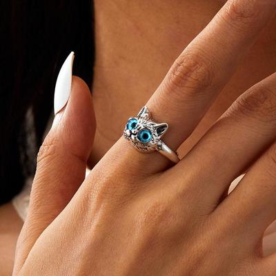 Cute Metal Cat Ring For Women Men Retro Silver Color Kitten Animal Open Ring Party Jewelry Gift
