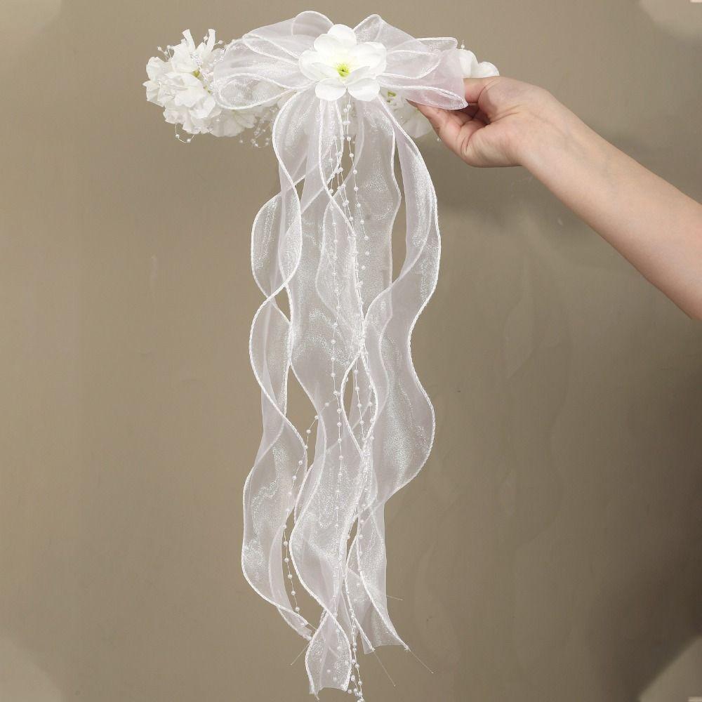 White Bridal Veil Mesh Flower Wreath Portable Marriage Headwear Outdoor Wedding Guest