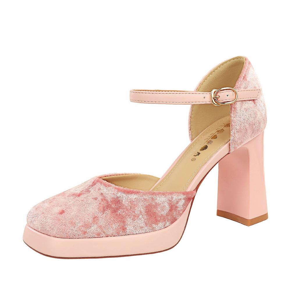 

9CM French Sweet Style Velvet Pumps, Square Toe Buckle Strap Platform Super High Heels, Elegant Luxury Banquet Party Fashion Women Dress Shoes 40 рожевий