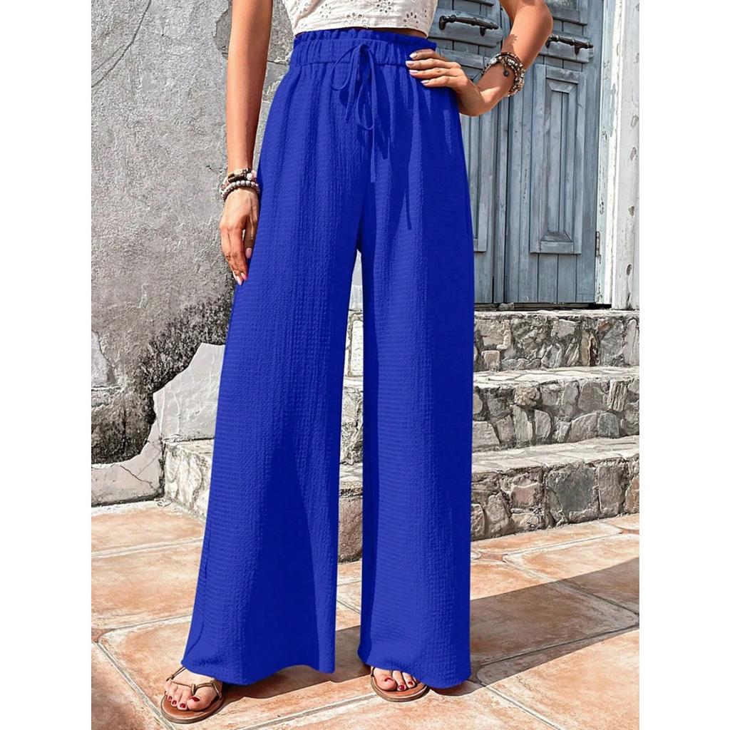 Women's Drawstring Elastic Waist Textured Crinkle Wide Leg Pants Loose Fit Casual Summer Beach Trousers