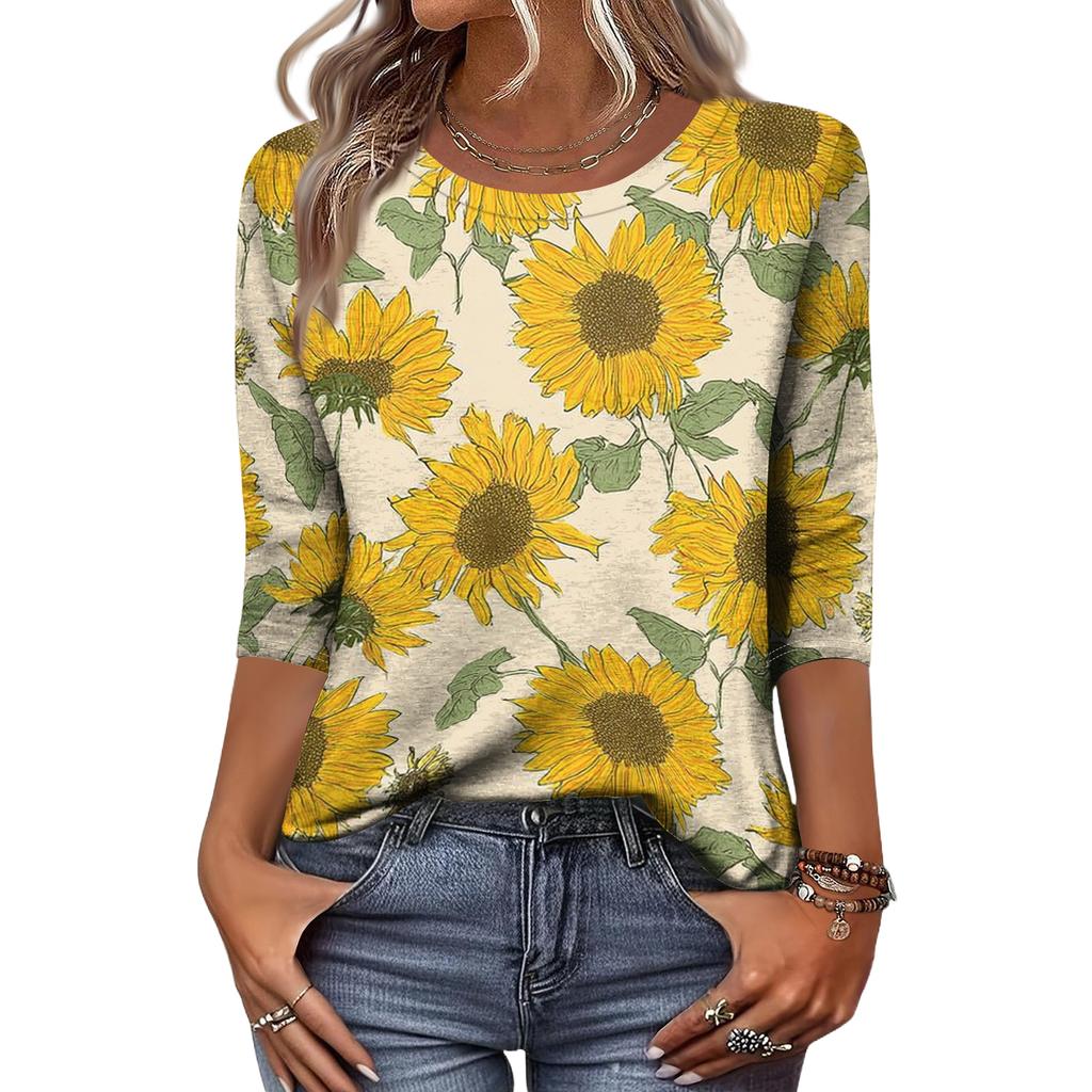Women's Fashion Casual Round Neck 3/4 Sleeve Loose Printed T-Shirt Ladies Top