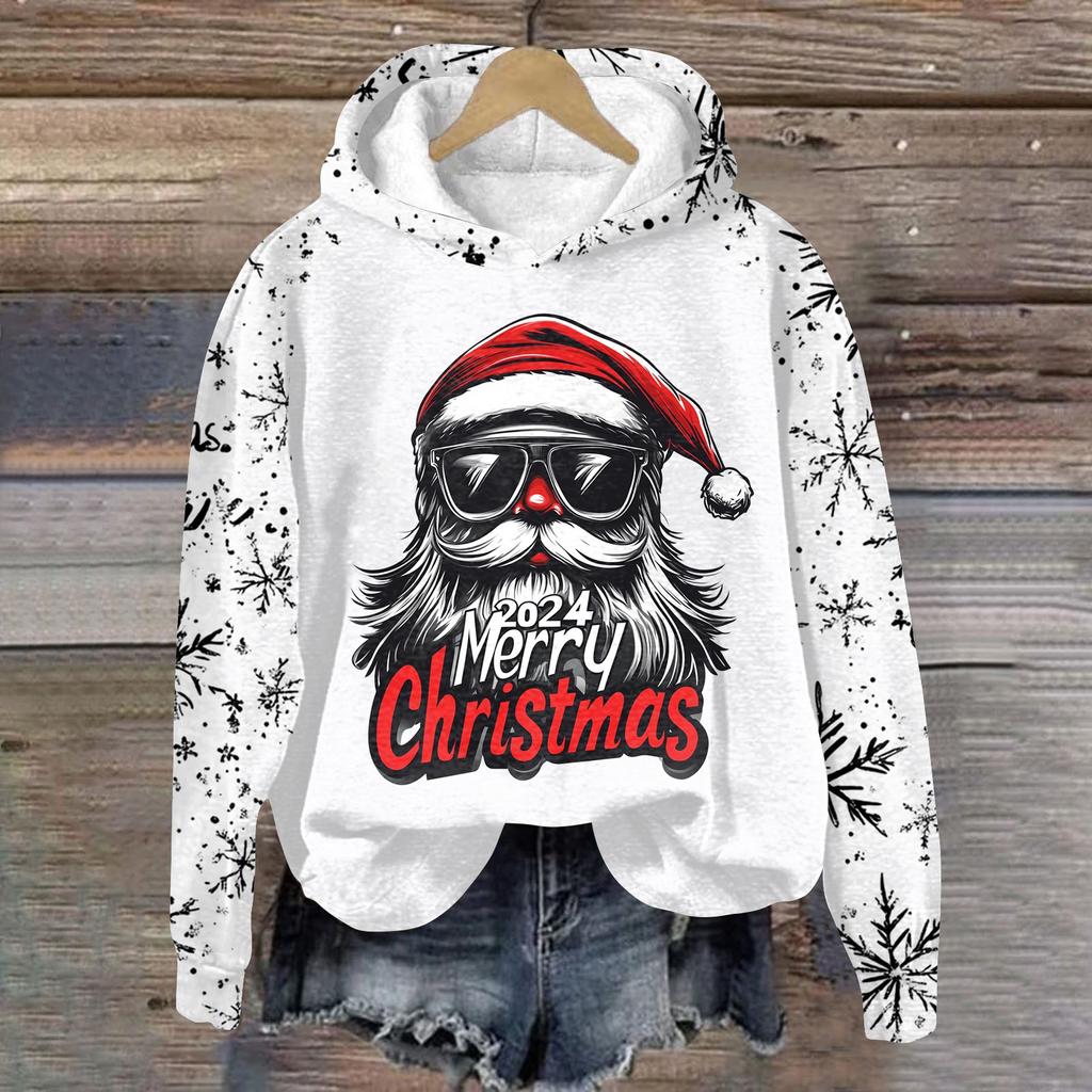 Dammode Pullover Djup Ärm Jul Tryckt Huvtröja