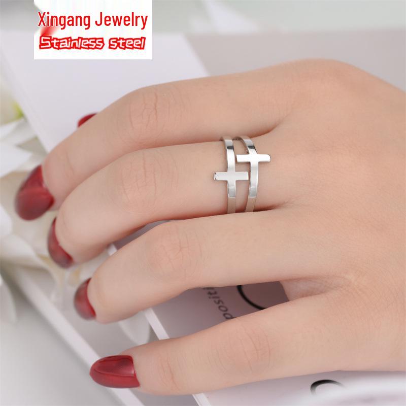 European & American Creative Hollow Double-Layer Cross Ring for Couples