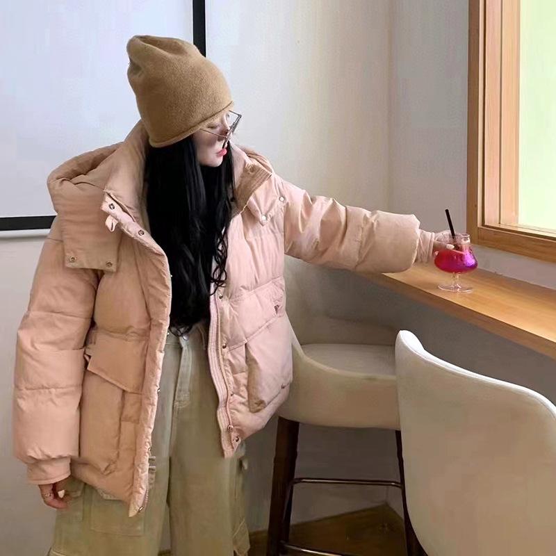 Winter down jacket women's short 2024 new fashion hooded literary and warm white duck down thin design pocket