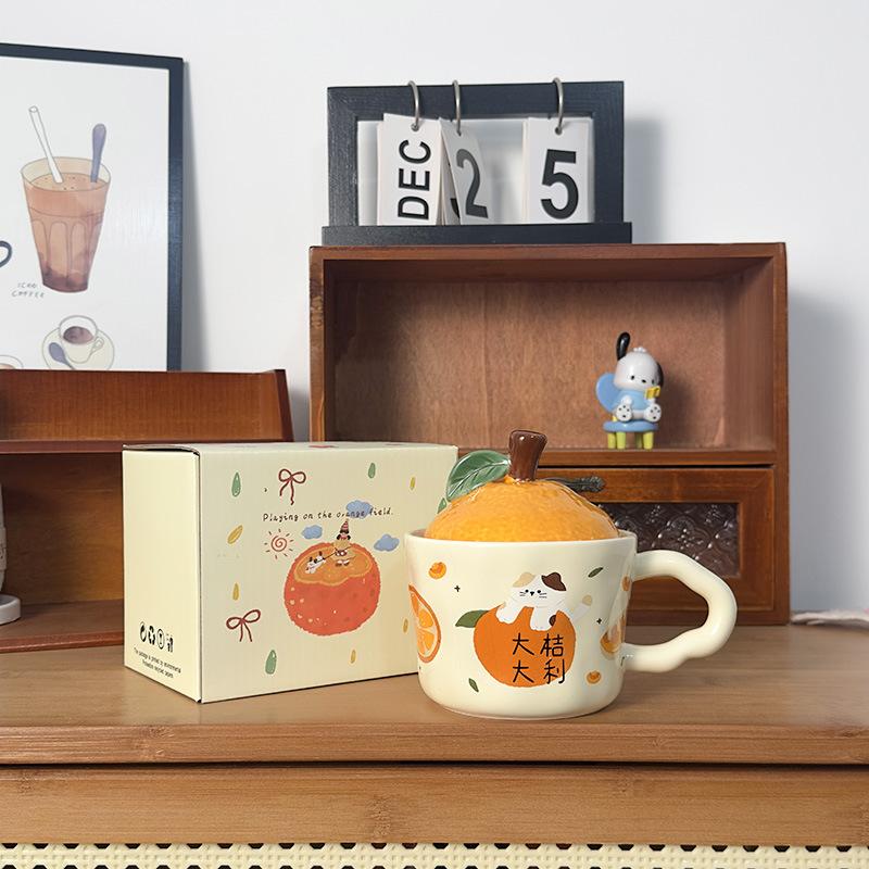 Cute Orange Cat Mug with Lid Creative Good Luck Cup Girls Home Coffee Cup Chinese New Year Gift