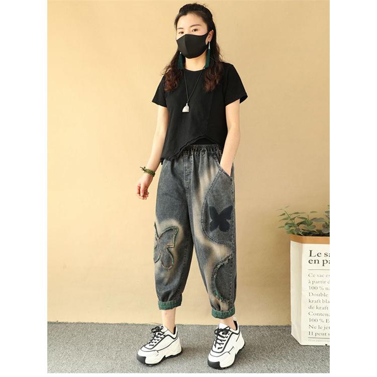 Women's Patchwork Jeans Spring and Autumn Styles Loose Plus Size Cropped Pants Harun Pants