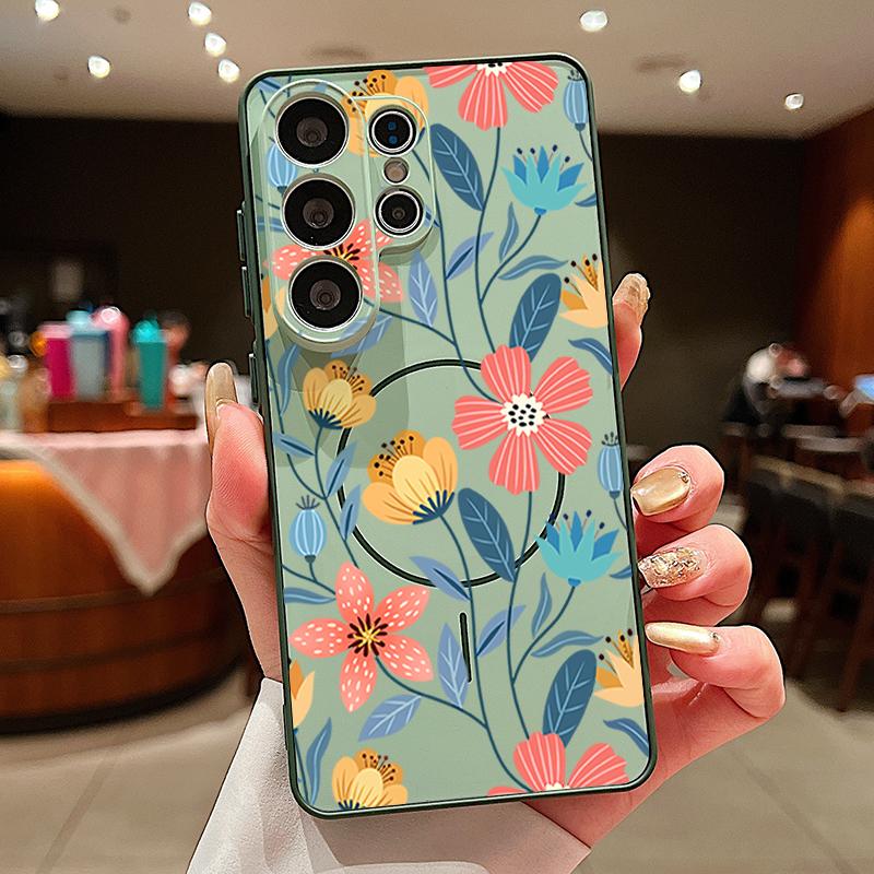 Cartoon Flowers Pattern Case For Samsung Galaxy S26 Ultra S25 Edge S24 Plus S23 FE S22 A54 A55 A56 5G Magnetic For Magsafe Matte Cover