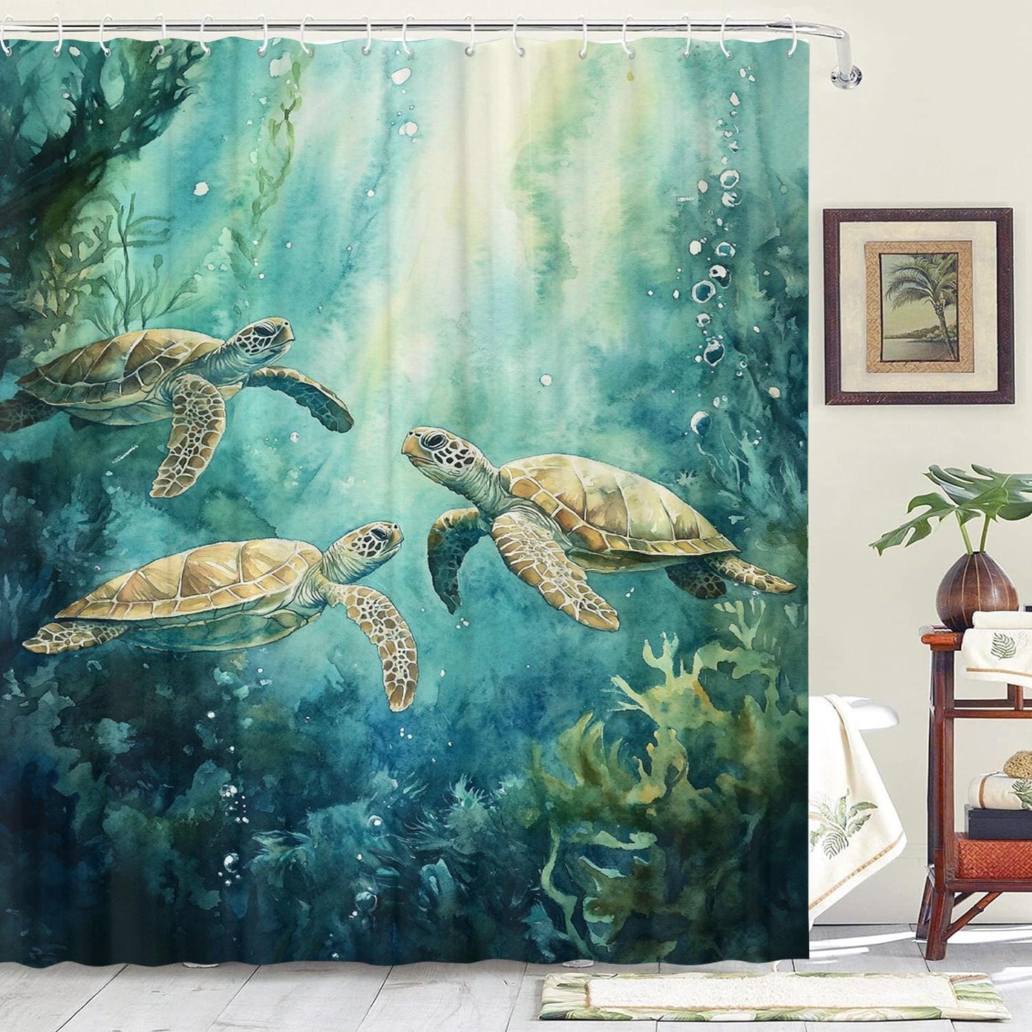

Ocean Turtle Theme Shower Curtain 12 Hooks For Room Home Hotel Washable Window Curtains Bathroom One Piece W60H190(CM)-1 Pcs