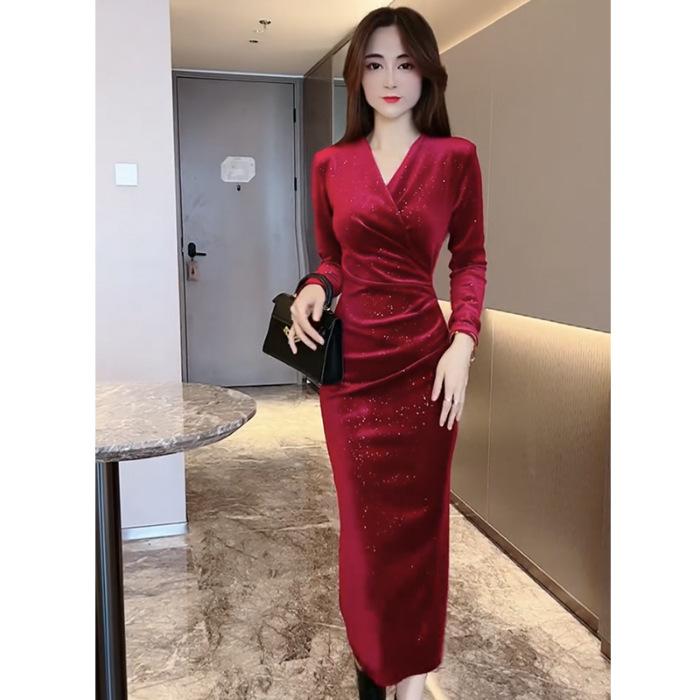 

Autumn and winter women s clothing fried street dress long sleeves slim fit thin medium and long waist gold velvet small black dress S красный
