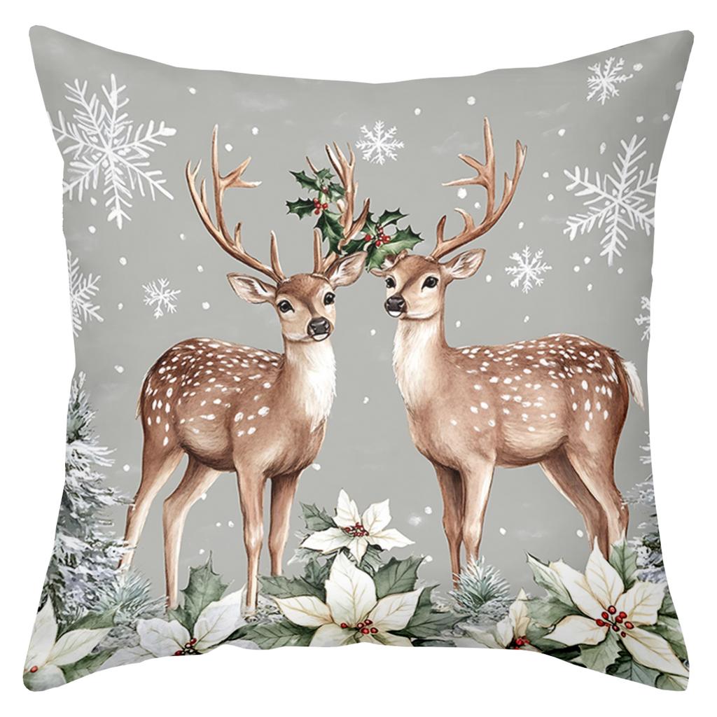 2D Flat Printing Christmas Deer Pillows With Snowflake And Flowers Polyester Pillowcase, Sofa Decorative Cushion Cov