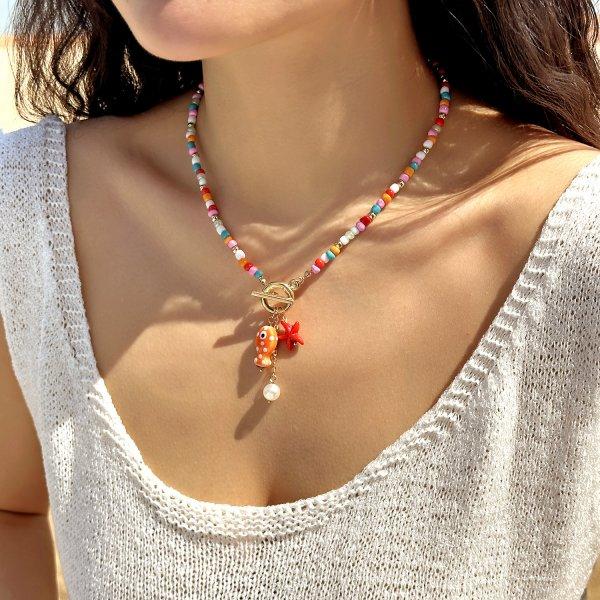 

Bohemian Starfish Pendant Necklace For Women Handmade Rice Beads Ceramic Fish with OT Buckle Choker Summer Beach Party Zircon