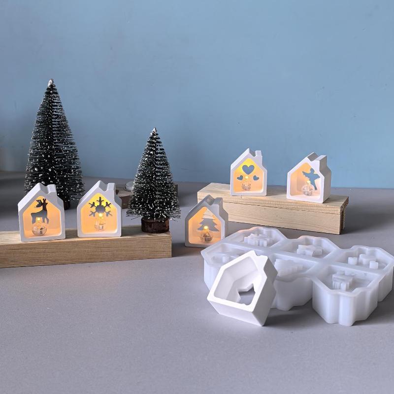 1Pcs Christmas Series Theme Hollow House Molds 6-Cavity Christmas House Candle Holder Silicone Mold Resin Casting Mold