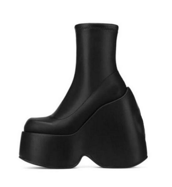 Stivaletti alla caviglia in pelle con plateau a zeppa suola spessa punta quadrata Donna 2022