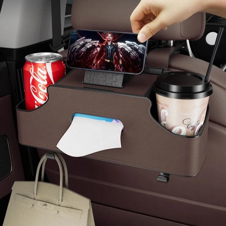 Car Seat Back Organizer Rear Seat Car Storage Box Car Back Seat Organizer with 2 Drink Cup Holder Tissue Box Hooks for Kids