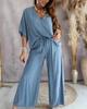 Summer Two Piece Set For Women Long Pant Sets V Neck Bat Sleeve Casual Loose Wide-leg Pants 2 Piece Set Solid Color Outfits