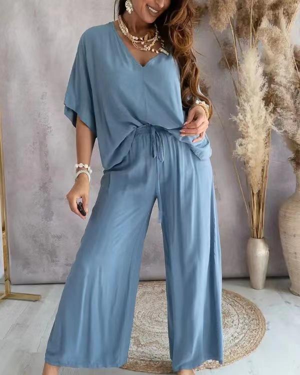 Summer Two Piece Set For Women Long Pant Sets V Neck Bat Sleeve Casual Loose Wide-leg Pants 2 Piece Set Solid Color Outfits