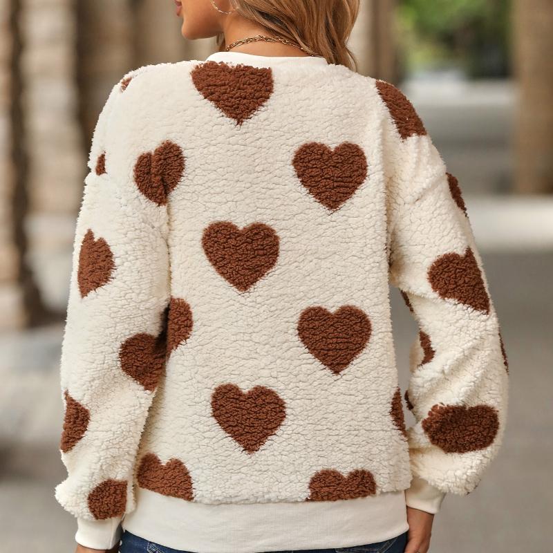 Women's Cozy Fleece Sweatshirt with Heart Print Long Sleeve Crew Neck Casual Fall/Winter Pullover