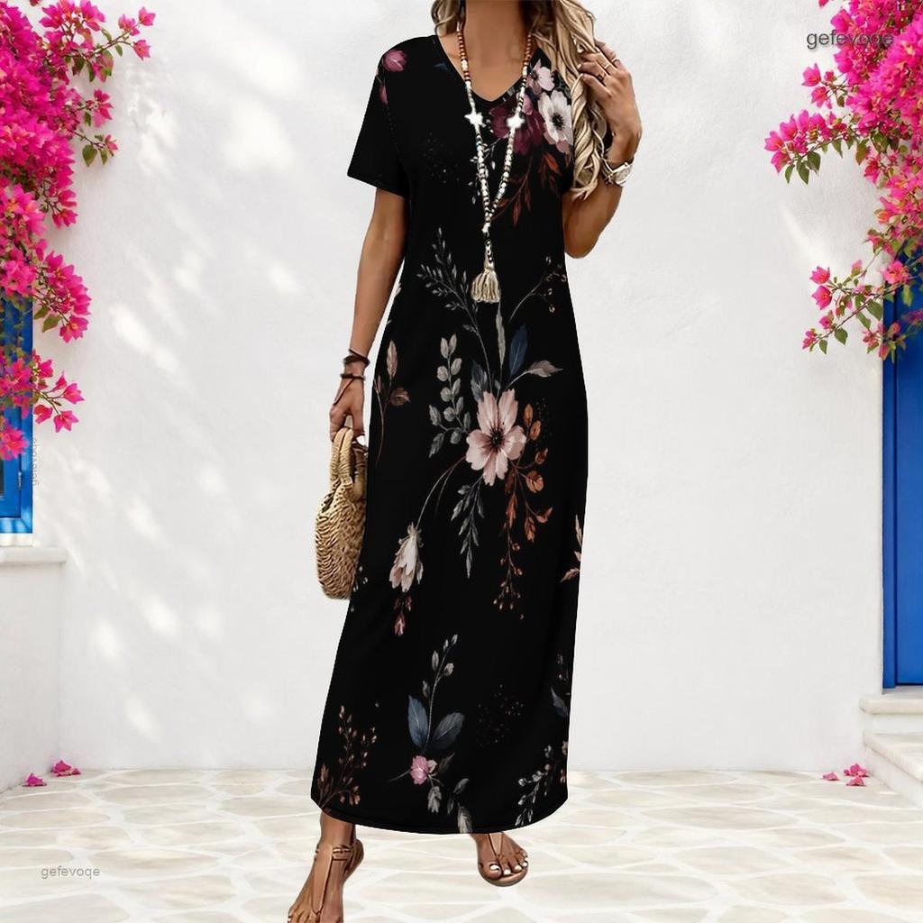Women Plus Size V Neck Short Sleeve Floral Printed Navy Blue Long Straight Dress