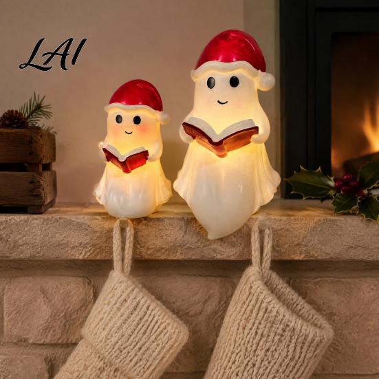 Cute Ghost Statue for Home Reading Book Lamp Christmas Resin Figurine with Santa Hat Indoor Tabletop Decor Warm Lighted Halloween Night Light
