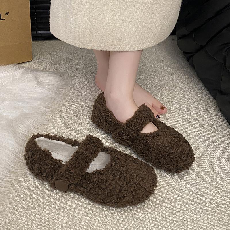 Gentle Fairy Wind 2025 Autumn and Winter Lamb Wool Shoes Female Wear Versatile Flat Bottom Pregnant Women Warm Bean Cotton Shoes