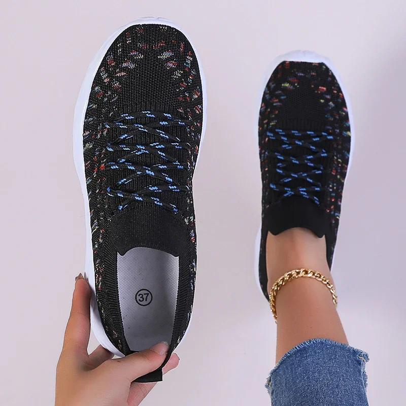 Fashion Mixed Color Knitted Platform Sneakers Women Spring Summer Casual Thick Sole Sports Shoes Woman Lace Up Non Slip Walking Shoes