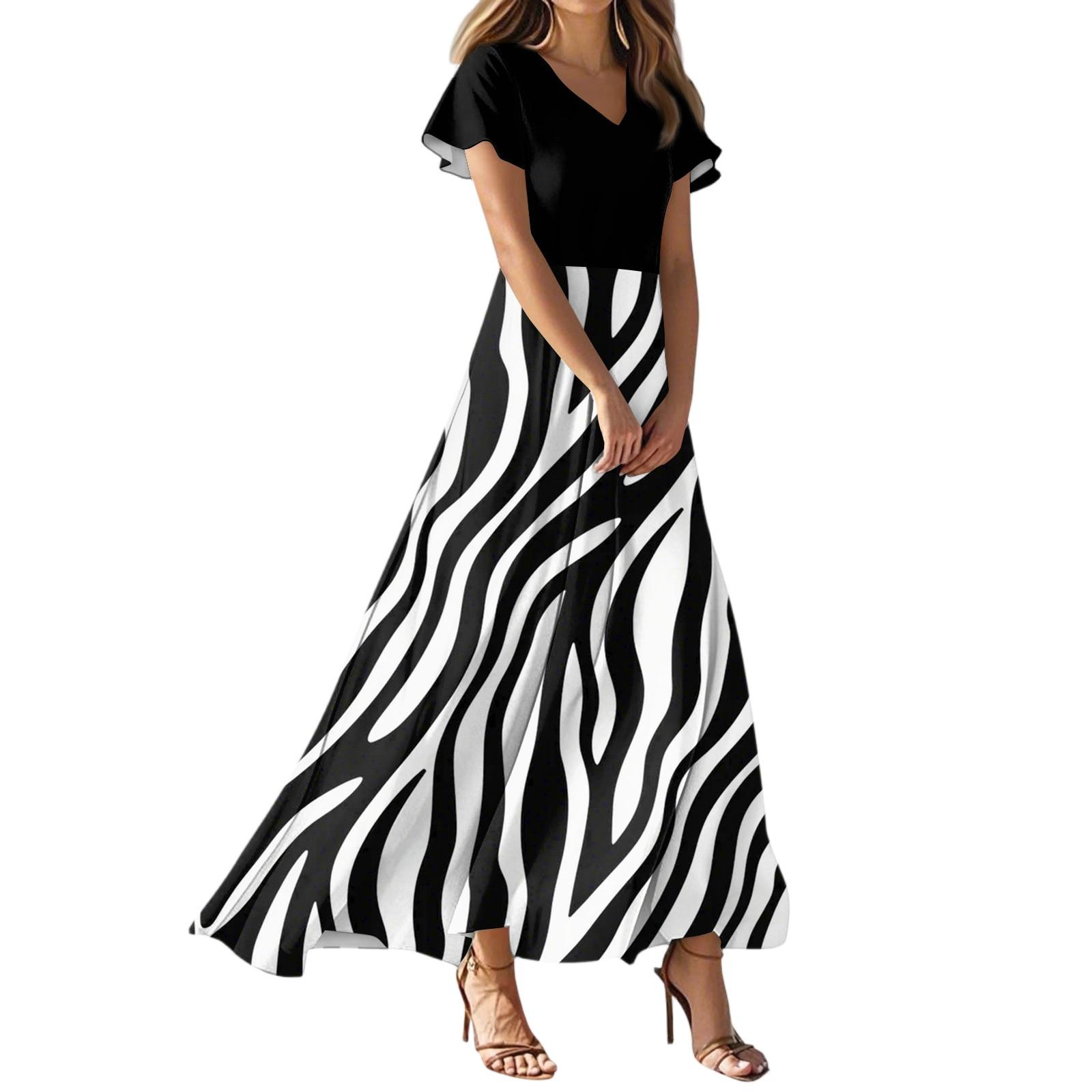 

Женское летнее повседневное модное полосатое принтованное платье с V-образным вырезом и коротким рукавом XS