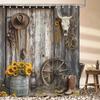 Western Farmhouse Shower Curtain fo Bathroom, Barn Door Rustic Southwestern Cow Skull Floral Bath Curtains Set, Polyester Fabric