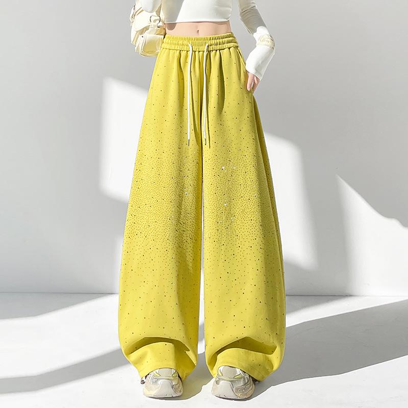

Rhinestone Curved-Leg Wide Pants - Women s Casual Sportswear for Spring and Autumn Double Extra Large жёлтый