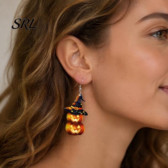 Holiday Gift for Her 1 Pair Halloween Pumpkin Earrings Women, 2 Stacking Retro Orange Witch Drop Dangle with Hat, Acrylic Costume Jewelry Niche Style