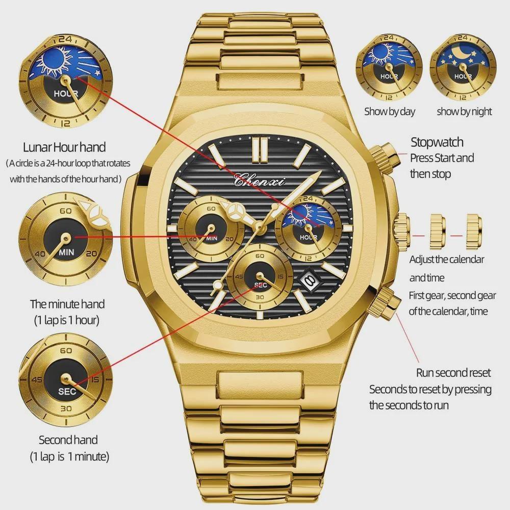 Men's Multifunction Quartz Watch Chronograph Luminous Water-Resistant Luxury Golden Steel Bracelet Men Moonswatch