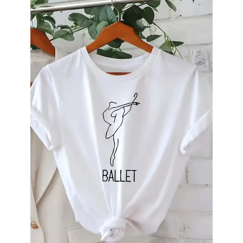 Women's Elegant Ballet-Themed Graphic Tee Casual Short Sleeve Crew Neck T-Shirt with Dancing Figure Design Ballet Dancer T-Shirt