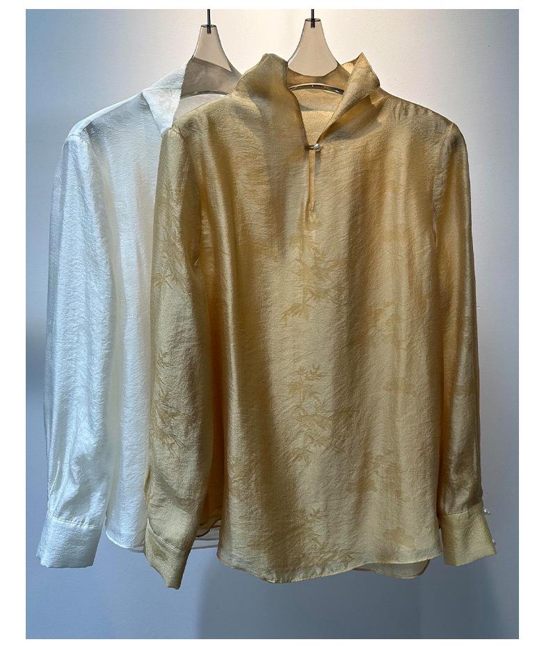 Rongtai Women's Elegant Spring 2026 Jacquard Dark Pattern Loose Shirt with Half-Open Collar