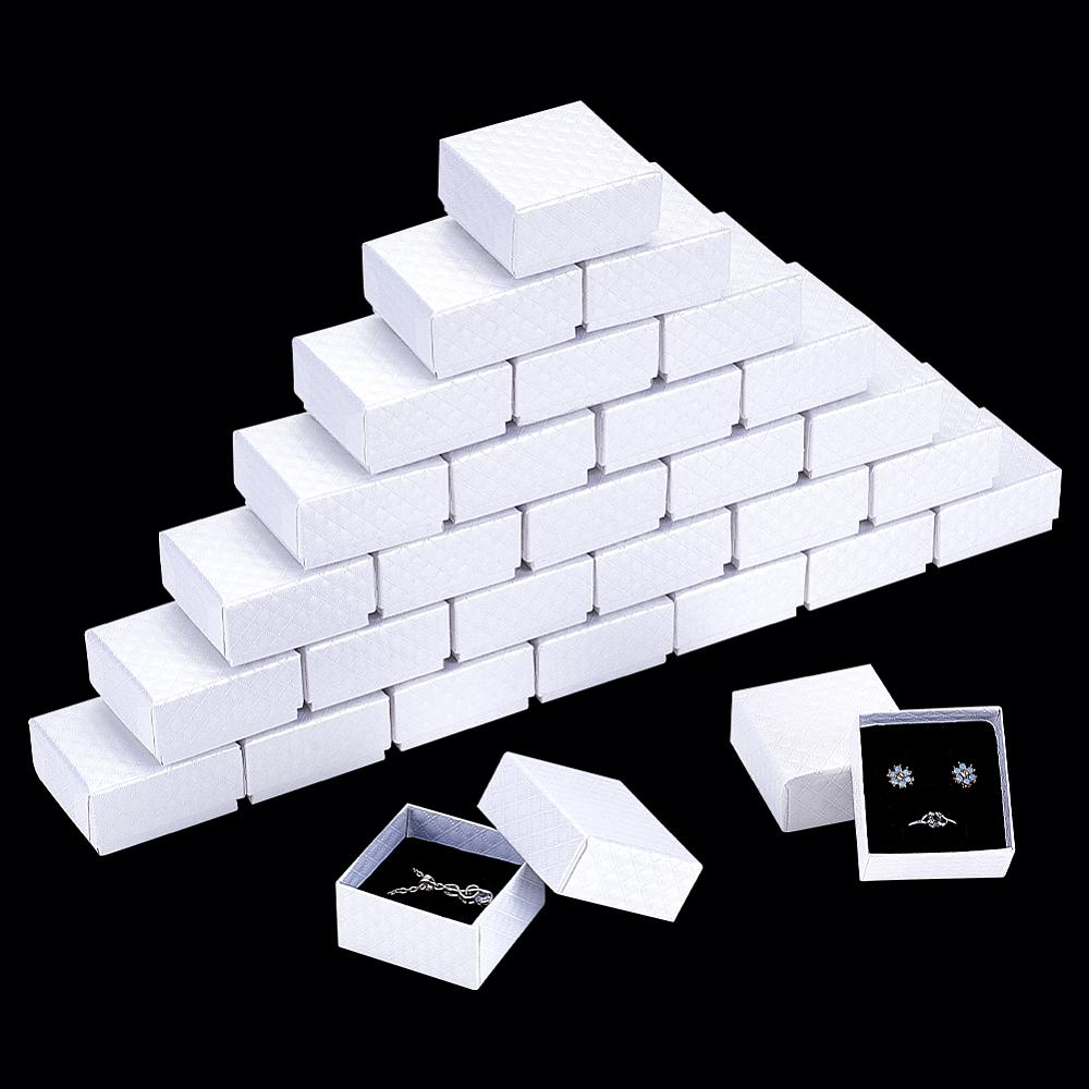 30pcs Rhombus Textured Cardboard Ring Storage Boxes with Sponge Inside Square White 5.6x5.2x3cm